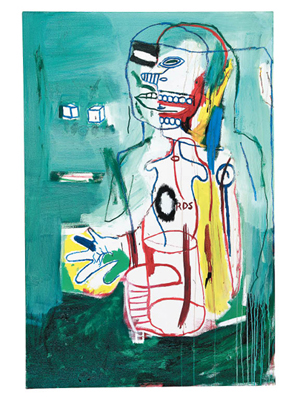 Jean-Michel Basquiat的畫布作品《無題》（1984年），畫中人的臉部表現不僅來自畢加索的立體派結構，也顯示了非洲文化傳統面具的特徵。余箐憫表示，藝術家於童年時曾遭遇車禍，留院治療期間閱讀了母親送贈的書籍《格雷的解剖學》，影響他對人物軀體的分析和刻畫，因此《無題》不但體現了藝術家跨越不同界限的創作風格，亦反映了藝術家的童年經驗，是一幅帶有濃厚自傳色彩的作品。估價：$3,000萬~$5,000萬