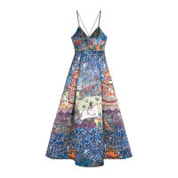 Alice + Olivia藍色印花圖案絲絹吊帶長裙 $8,550（A）