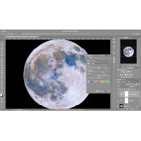 威Sir表示特寫月亮拍攝，再以後製軟件推高飽和度，會看到月亮呈偏紅偏藍色調，其實這些色彩是月球上的各種礦物的顏色。