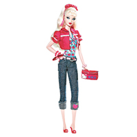 形象百變的Barbie，2008年推出第二款限定版，用上70年代復古造型，衫和手袋都印滿Hello Kitty肖像，低調得來十分可愛。