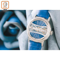 Golden Bridge Round 39mm腕錶，配襯18K玫瑰金鑽石錶殼、藍色樹脂裝飾及藍色鱷魚皮錶帶 $45.9萬