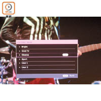 進入Picture Mode便有Bright、Vivid TV、Cinema、Sport、User 1/2等播放模式選擇。