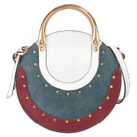 CHLOÉ Pixie白×藍×棗紅色牛皮拼麖皮圓形手袋 $13,530（C）