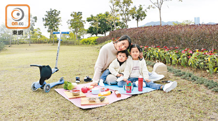 位於天台的碼頭公園中央有一片大草地，方便一家大小休憩，還可以預備小點心與小朋友野餐，是市區少有的開揚綠化環境，置身其中，舒適自在。