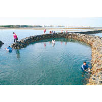 石滬由玄武岩和珊瑚礁堆砌而成，是先民的捕魚陷阱。