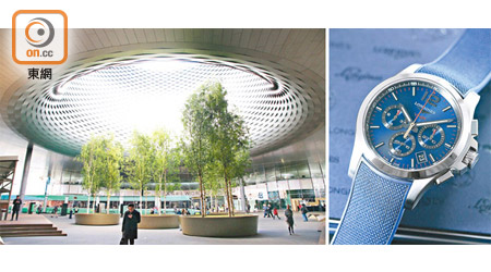 （左圖）BaselWorld 2018會場；（右圖） Conquest V.H.P. Chronograph計時腕錶（藍色錶盤及錶帶款式） $13,400