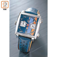 Monaco Gulf特別版腕錶採用Gulf海灣石油標誌性的橙及藍色設計，是品牌首枚為左撇子（錶冠設於左側）而設的腕錶。$46,950