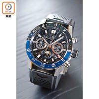 Carrera Heuer-02計時碼錶今年加推GMT兩地時間款式，更首次採用雙色陶瓷錶圈設計。$47,000