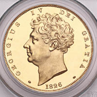 1826年發行的《George IV 5 golden pounds》，設計靈感來自銀幣《George IV who was protected by God》。