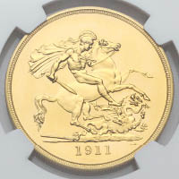 《George V 5 golden pounds》的背面圖案「Saint George and the dragon」，描繪守護神消滅龍的場面。