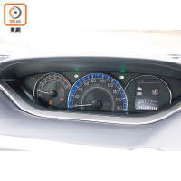 置於中控台頂的儀錶板，中央顯示車速的大圓外環，可因應即時駕駛狀況於藍（供油）、綠（燃油效率）及白色（制動力回收）之間變色。