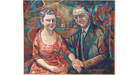 朱沅芷《雨果．羅傑斯夫婦畫像》（1955年）<br>按目前文獻所載，這是藝術家最後的創作，畫風延續「鑽石主義」。（估價：300萬至400萬港元）