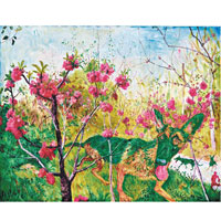 周春芽《桃花與綠狗》（2008年）<br>目前市場上唯一有齊綠狗、桃花與紅人等三大元素的油畫創作。（估價：600萬至800萬港元）