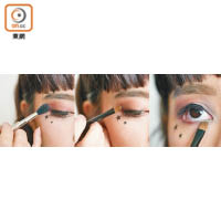 Step 2：用啡紅色眼影掃於整個眼窩，再於眼尾三角位置掃上紫色眼影，而眼頭則用上綠色眼影。