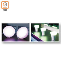 可同時控制最多10件Hue系列燈具，如座枱燈（左）、燈泡（右）等轉換顏色。