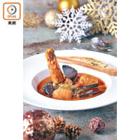 馬賽魚湯<br>鮮甜濃郁的魚湯，有雜菜及時令的青口、大蝦及帶子來提升味道，伴以一片烘脆了的多士，簡單而美味非常。