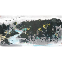 《瑤池》<br>作於1985年，刻畫水鄉風景的佼佼者，畫面被大面積的濃黑所覆蓋，象徵鬱鬱葱葱的樹木；蜿蜒穿過樹林的淡青色河流為畫面增加活潑亮麗的色彩，令整幅作品生動起來。