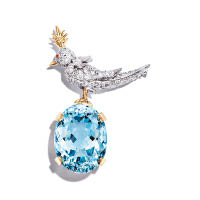 Tiffany & Co. Jean Schlumberger傳奇設計系列─Icons 18K黃金及鉑金鑲鑽石、藍鑽石及粉紅藍寶石Bird on a Rock胸針 $72.5萬（A）