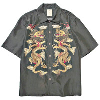 Kowloon Double Dragon Print Silk Bowling Shirt $1,680（C）