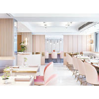 餐廳以粉色主調配金屬、木材等物料作內裝，出奇地配。