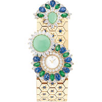 Van Cleef & Arpels Ludo Secret黃K金腕錶鑲嵌藍寶石、祖母綠、綠玉髓、白色珍珠貝母及鑽石。（B）