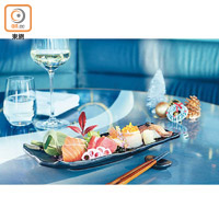 壽司及魚生拼盤<br>有A5宮崎和牛壽司配魚子醬、油甘魚三文魚籽壽司、牡丹蝦刺身、吞拿魚刺身及三文魚刺身。