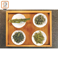 （左上起順時針）太平猴魁、碧螺春、安吉白茶和六安瓜片均是綠茶。