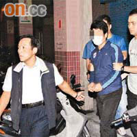 涉案內地男子（左二）被司警押回租住的住所調查。