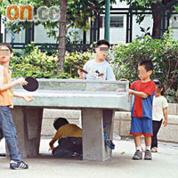 多名學童在公園內打乒乓球。