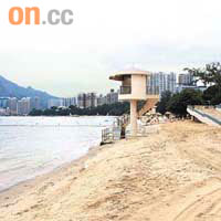 黃金泳灘鋪沙工程於本月中才完成，不料一場颱風即「化為烏有」，沙面降低約一米。	（周景文攝）