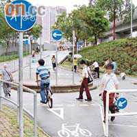 居民習慣性地走出單車徑，人車爭路場面不時出現。