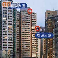 其中兩幢加設高空監察點的大廈（紅圈示）。
