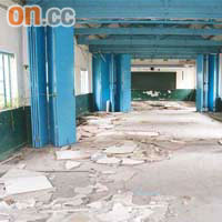 嶺文小學的校舍空置多年，假天花全部倒塌，布滿一地。