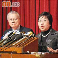 自由黨主席劉健儀（右）和副主席方剛舉行記者會，指張宇人不代表該黨意見。	（呂浩然攝）