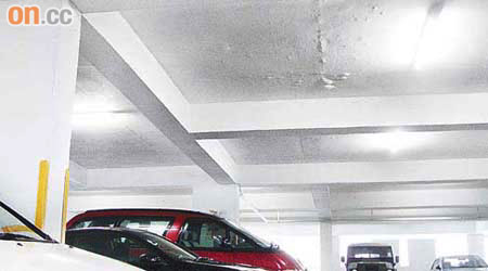 麗安邨停車場天花油漆剝落嚴重，租戶車輛隨時遭殃。