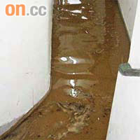 水管爆裂湧出的大量食水，浸滿大廈通道及樓梯。