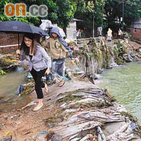 沙埔仔村的通道堆滿泥濘雜物，居民出入甚狼狽。	
