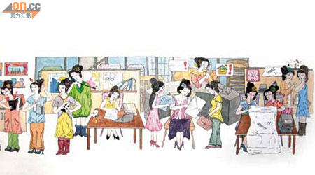 香港參賽者徐碧珍以中國長卷人物畫《漢宮春曉》為藍本，畫出今日辦公室ＯＬ百態。