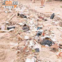 灘面有大量鐵罐、玻璃樽等垃圾堆積，嚴重影響環境衞生。