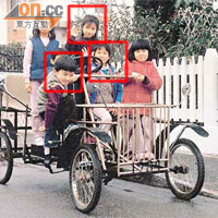 三名子女（紅框）年幼時，最愛騎着盧覺強自製的四輪單車在家居附近四處巡遊，引來不少鄰居小朋友坐順風車。