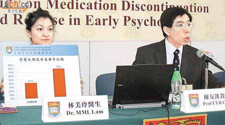 陳友凱（右）建議首發性思覺失調患者持續服藥兩年或以上。旁為林美玲。