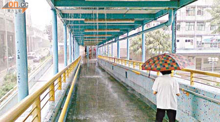 居民需打傘才能通過橫頭磡邨行人天橋，漏水情況甚為壯觀。