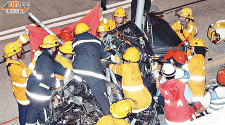 肇事私家車撞至毀爛如廢鐵，消防員將被困司機（箭嘴示）救出。	（梁國雄攝）