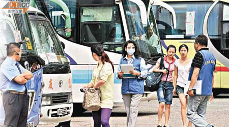 旅議會巡查員昨日到黃大仙廟旁停車場抽查導遊證。	（黃仲民攝）