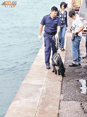 警方派出搜索犬在岸邊搜索，發現賊人遺下的<img src='/font/fa63_5nbk.gif' border='0'/>刀。 （冼耀華攝）