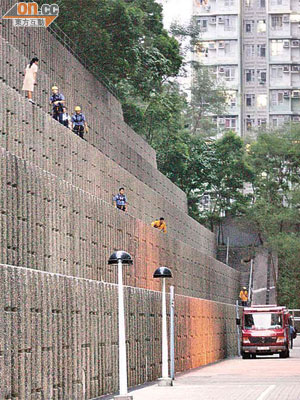 女生危站護土牆上，消防員在旁勸喻。	（蘇仲賢攝）