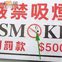 無論如何看，都不過是普通的禁煙警告牌，但原來鏡頭裝設在禁煙圖案中的「煙頭」位置（箭嘴示）。
