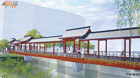 方案一：房協提出的屯門河兩岸新行人橋設計方案，包括仿傳統中式設計。