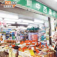 良景邨商場內標明是中西藥行的舖位，但同時出售臘鴨髀及蝦乾等雜貨。