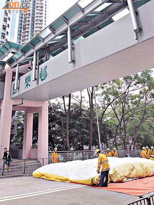 男子危站橋壆邊企圖跳橋，消防員在橋下張開救生氣墊戒備。	（左錦鴻攝）